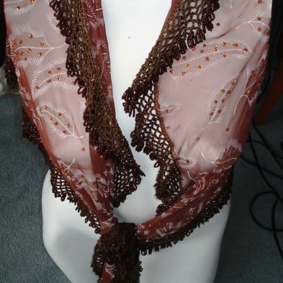 Heavy Beaded Shawl, Leaf Design, Brown Rust Color Rhinestones, Ladies Wrap Scarf - Picture 5 of 10